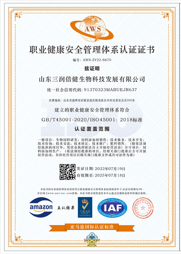 职业健康安全管理体系认证证书